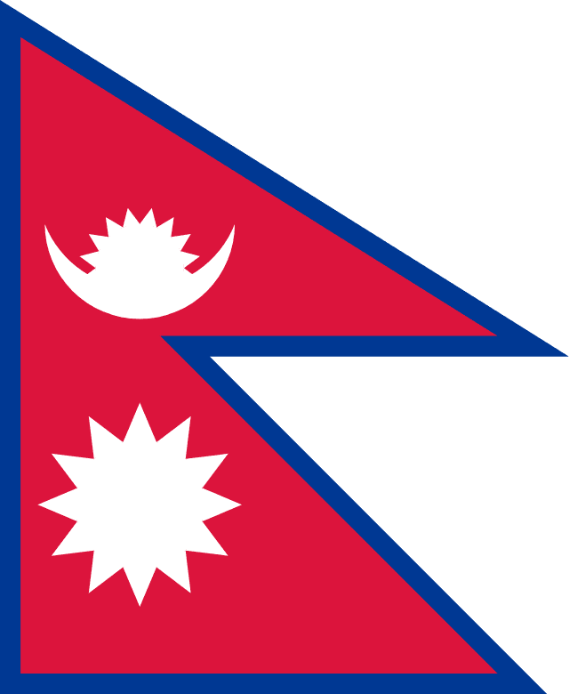 Bandera de Nepal: dos triángulos rojos superpuestos con borde azul, una luna y un sol blancos