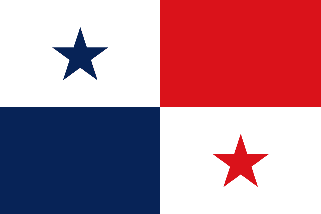 Bandera de Panamá: cuatro cuarteles blancos, rojo y azul con una estrella azul y otra roja