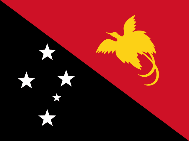 Bandera de Papúa Nueva Guinea: triángulos negro con cinco estrellas blancas y rojo con un ave del paraíso amarilla