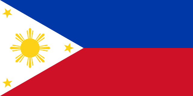 Bandera de Filipinas: franjas azul y roja con un triángulo blanco con sol y tres estrellas amarillas