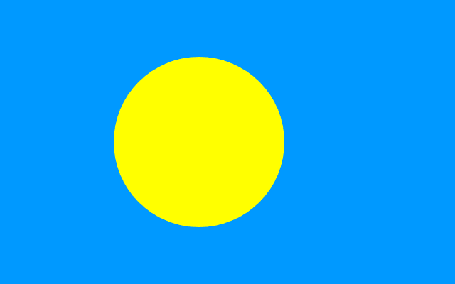 Bandera de Palaos: fondo azul claro con un disco amarillo desplazado hacia el asta