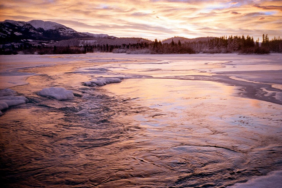 El río Yukón con placas de hielo al atardecer, en Whitehorse (Canadá)