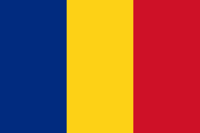 Bandera de Rumanía: tres franjas verticales azul, amarilla y roja