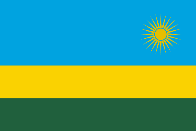 Bandera de Ruanda: franjas azul, amarilla y verde con un sol amarillo