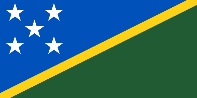 Bandera de las Islas Salomón: triángulo azul con cinco estrellas blancas y triángulo verde separados por una franja amarilla