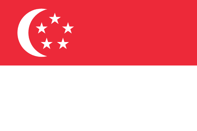 Bandera de Singapur: franjas roja y blanca con una media luna y cinco estrellas blancas