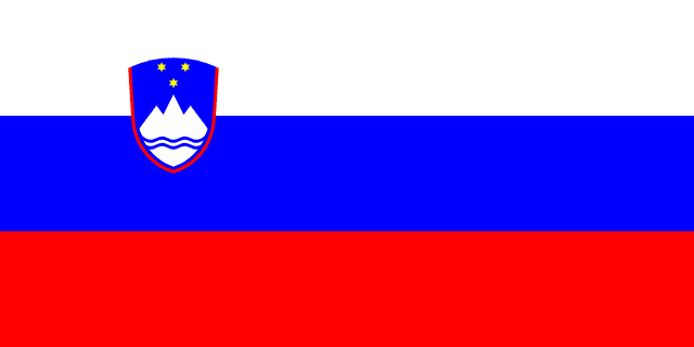 Bandera de Eslovenia: franjas blanca, azul y roja con un escudo con el monte Triglav y tres estrellas amarillas