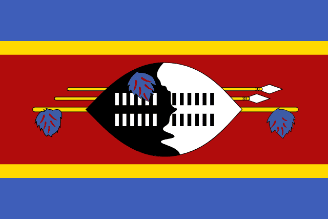 Bandera de Esuatini: franjas azul, amarilla, roja, amarilla y azul con un escudo blanco y negro en el centro