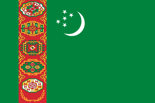 Bandera de Turkmenistán: fondo verde con una franja de dibujos de alfombra, una media luna y cinco estrellas blancas