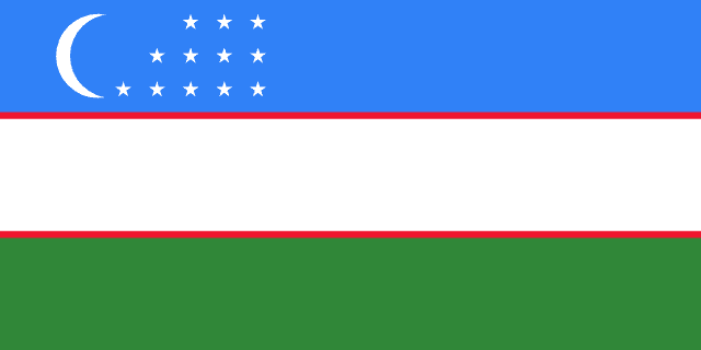Bandera de Uzbekistán: franjas azul, blanca y verde con filetes rojos, luna creciente y doce estrellas