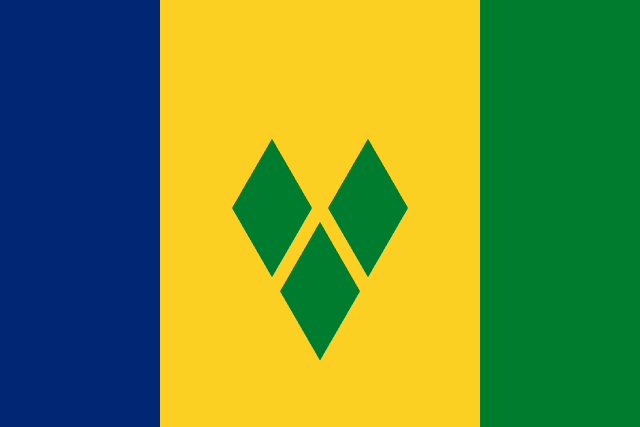 Bandera de San Vicente y las Granadinas: franjas verticales azul, amarilla y verde con tres rombos verdes